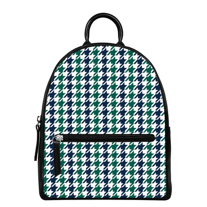Blue Green And White Houndstooth Print Leather Backpack