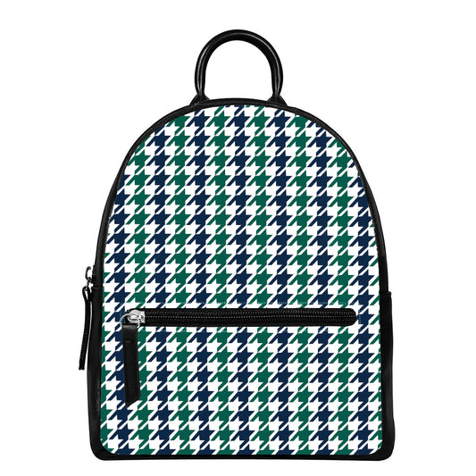 Blue Green And White Houndstooth Print Leather Backpack