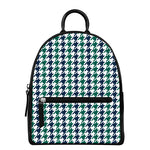 Blue Green And White Houndstooth Print Leather Backpack