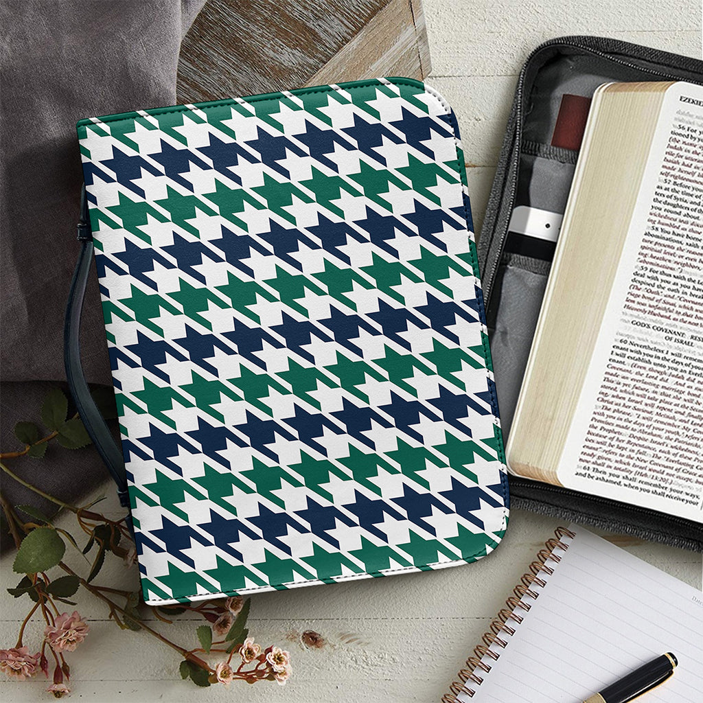 Blue Green And White Houndstooth Print Leather Bible Cover