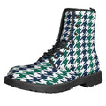 Blue Green And White Houndstooth Print Lace-Up Boots
