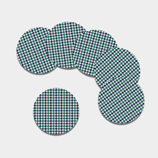 Blue Green And White Houndstooth Print Leather Coaster Set