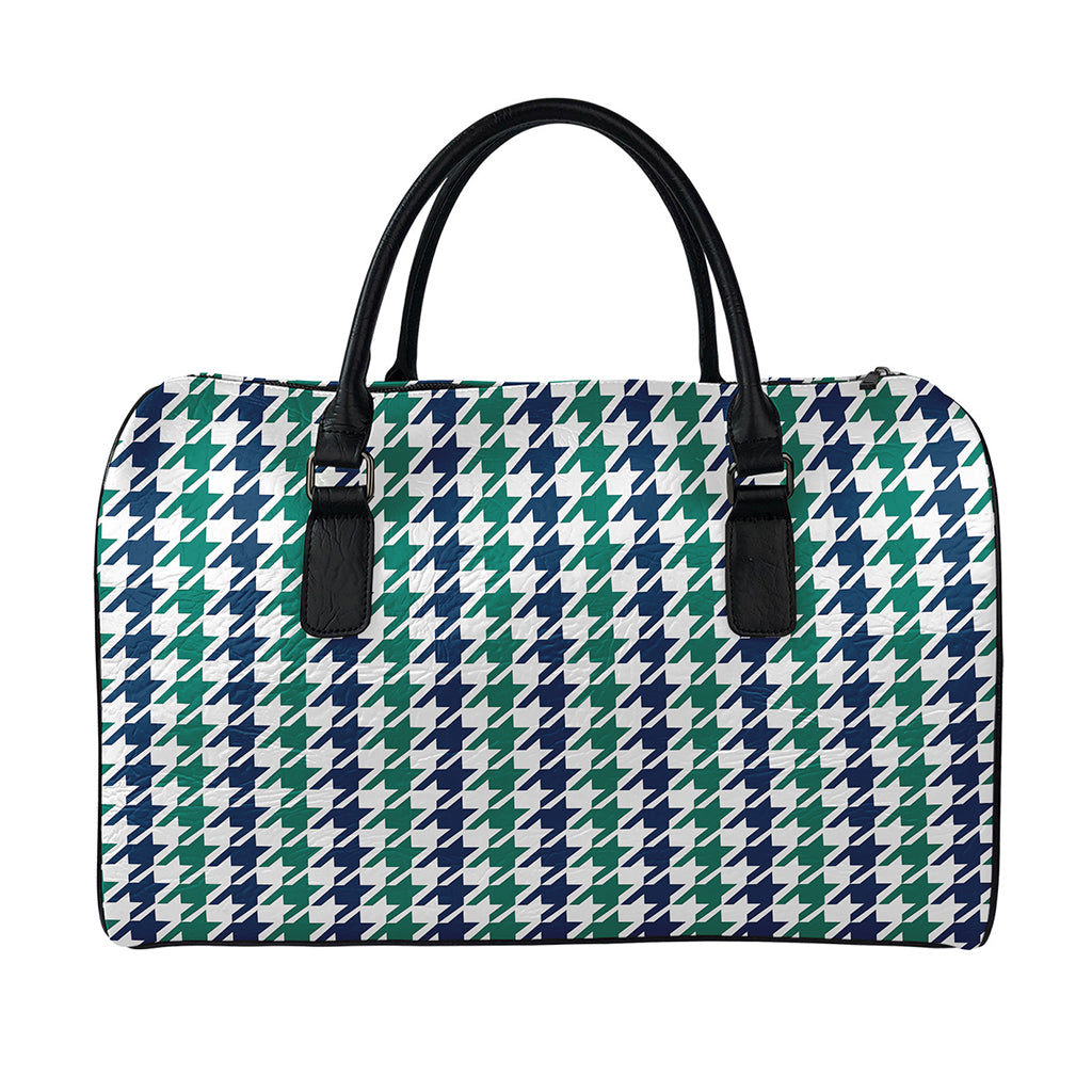 Blue Green And White Houndstooth Print Leather Duffle Bag