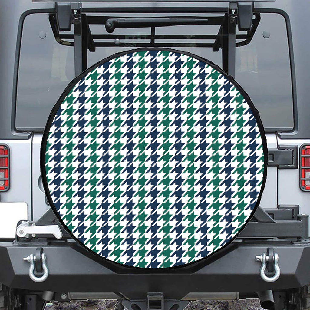 Blue Green And White Houndstooth Print Leather Spare Tire Cover