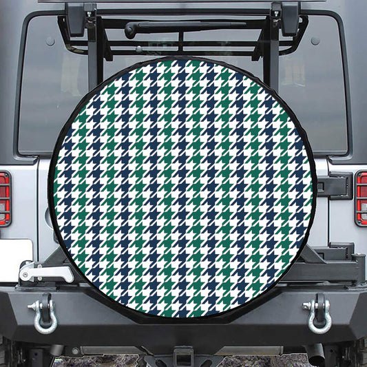 Blue Green And White Houndstooth Print Leather Spare Tire Cover