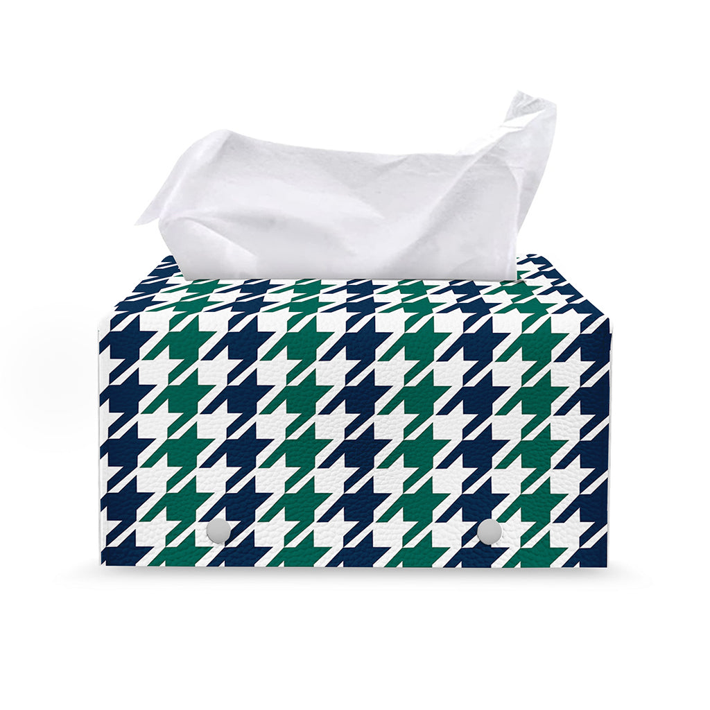 Blue Green And White Houndstooth Print Leather Tissue Box Cover