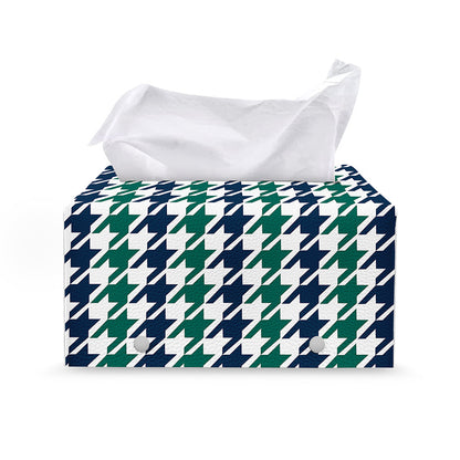 Blue Green And White Houndstooth Print Leather Tissue Box Cover