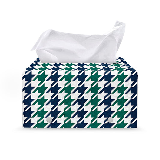 Blue Green And White Houndstooth Print Leather Tissue Box Cover