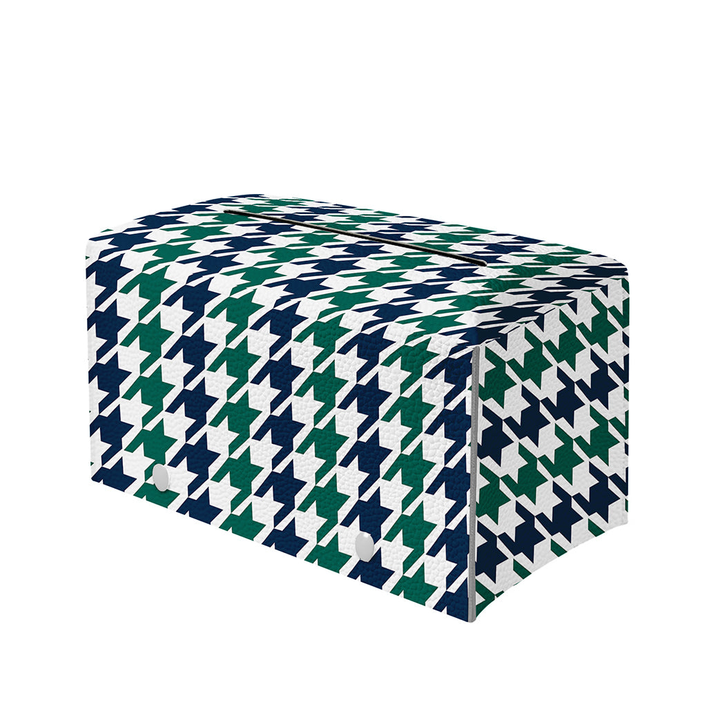 Blue Green And White Houndstooth Print Leather Tissue Box Cover