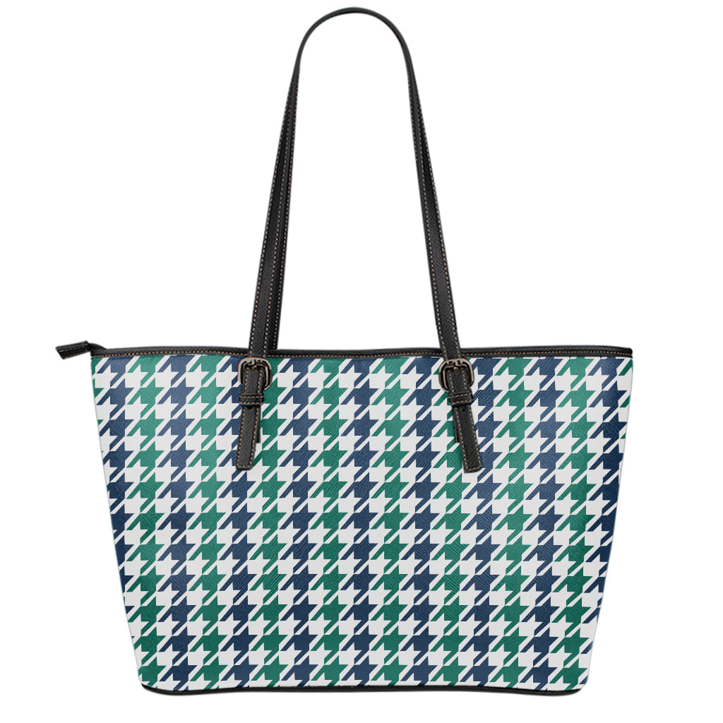 Blue Green And White Houndstooth Print Leather Tote Bag