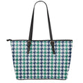 Blue Green And White Houndstooth Print Leather Tote Bag With Zipper
