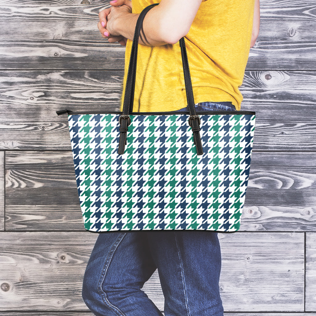 Blue Green And White Houndstooth Print Leather Tote Bag