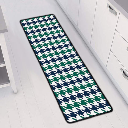 Blue Green And White Houndstooth Print Long Kitchen Mat
