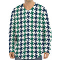Blue Green And White Houndstooth Print Long Sleeve Baseball Jersey