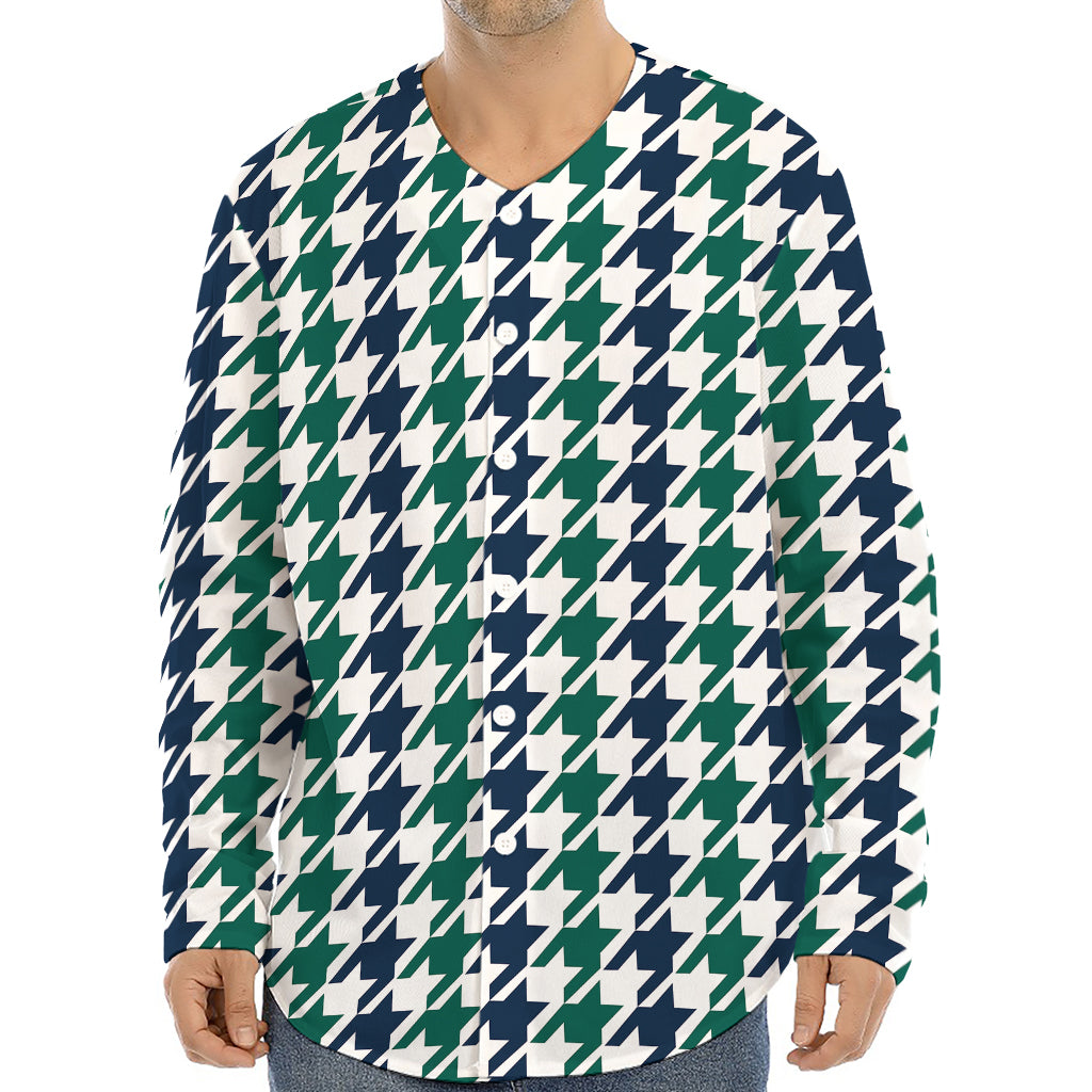 Blue Green And White Houndstooth Print Long Sleeve Baseball Jersey