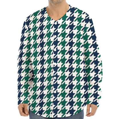 Blue Green And White Houndstooth Print Long Sleeve Baseball Jersey