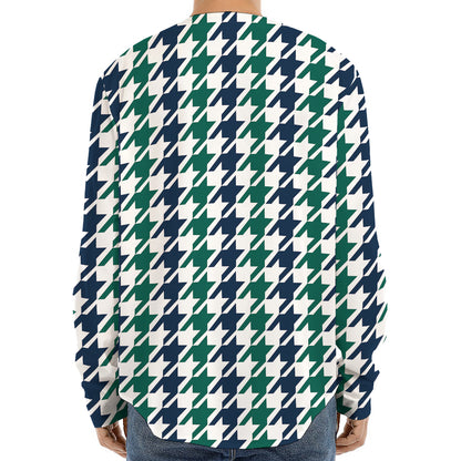 Blue Green And White Houndstooth Print Long Sleeve Baseball Jersey