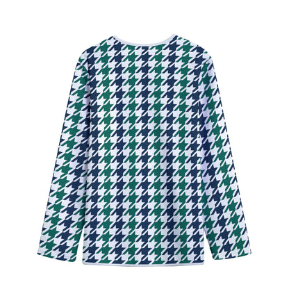 Blue Green And White Houndstooth Print Long Sleeve Short Coat
