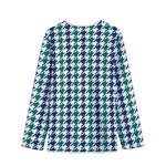 Blue Green And White Houndstooth Print Long Sleeve Short Coat