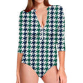 Blue Green And White Houndstooth Print Long Sleeve Swimsuit