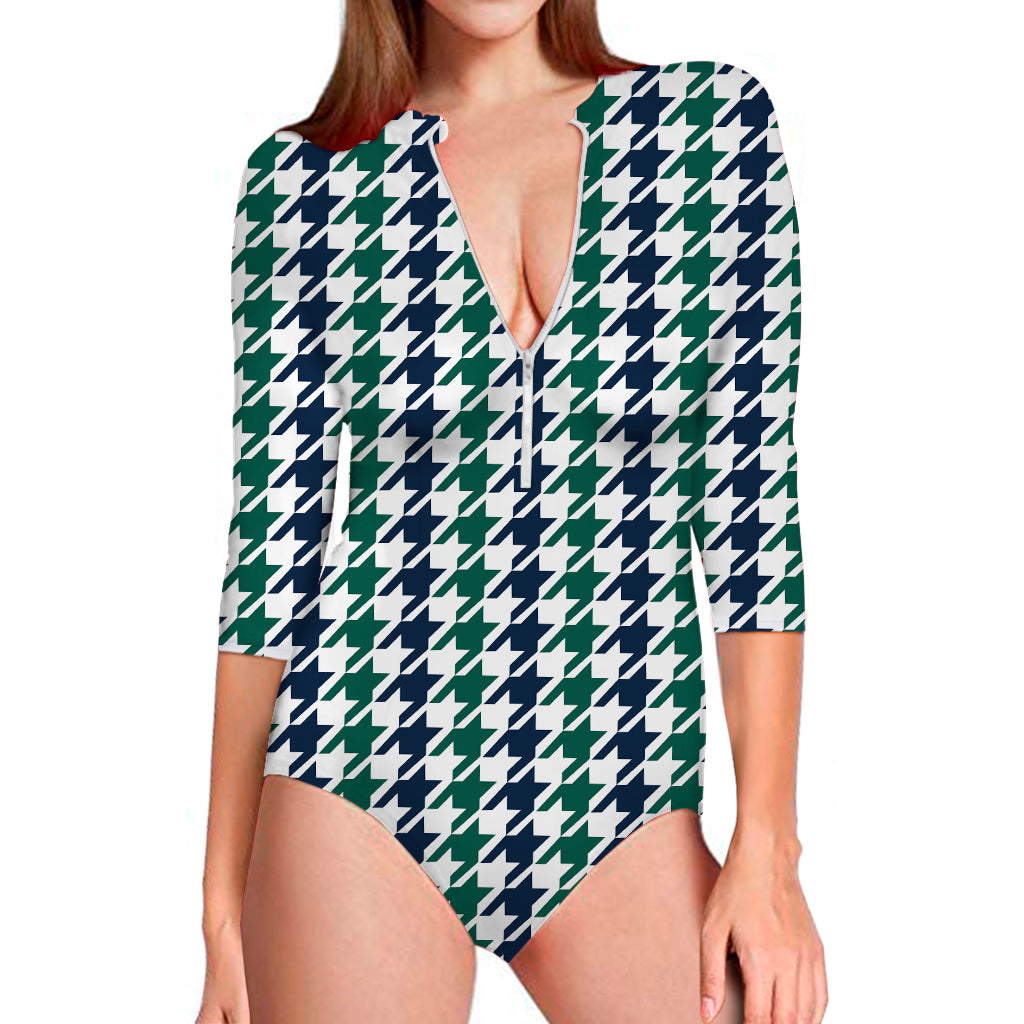 Blue Green And White Houndstooth Print Long Sleeve Swimsuit