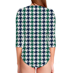 Blue Green And White Houndstooth Print Long Sleeve Swimsuit