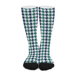 Blue Green And White Houndstooth Print Long Socks