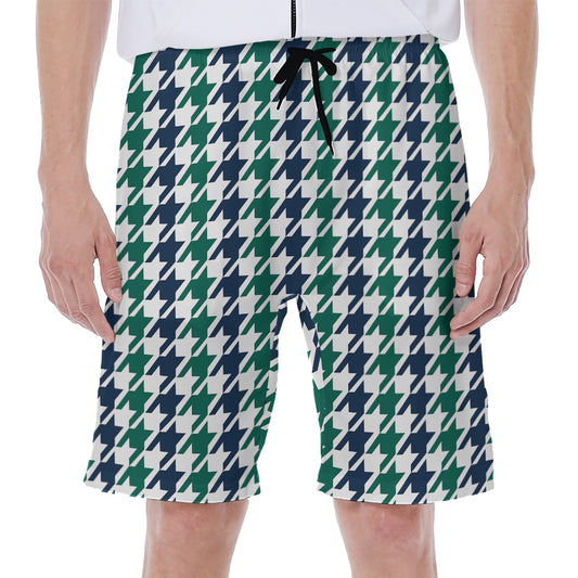 Blue Green And White Houndstooth Print Men's Beach Shorts
