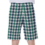 Blue Green And White Houndstooth Print Men's Beach Shorts