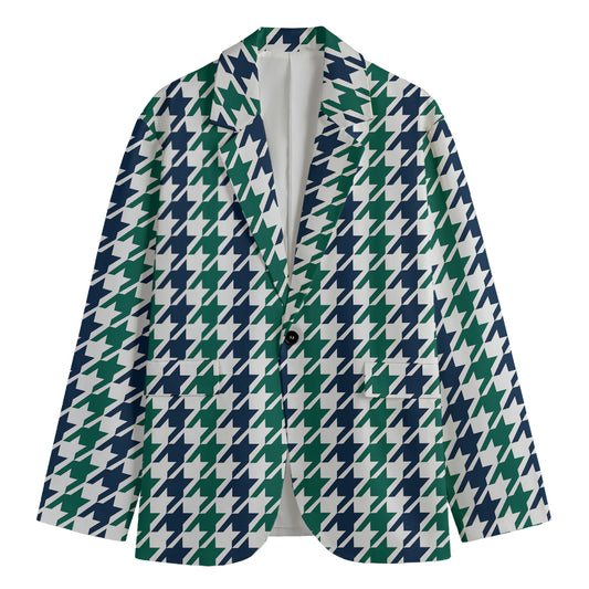 Blue Green And White Houndstooth Print Men's Blazer