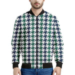 Blue Green And White Houndstooth Print Men's Bomber Jacket