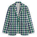 Blue Green And White Houndstooth Print Men's Cotton Blazer