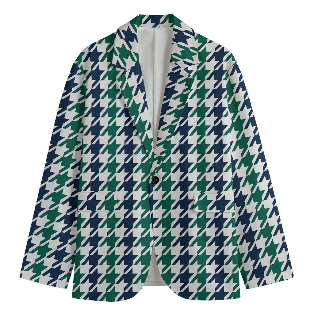 Blue Green And White Houndstooth Print Men's Cotton Blazer