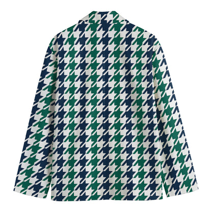 Blue Green And White Houndstooth Print Men's Cotton Blazer