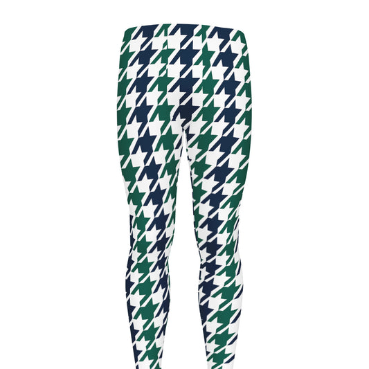 Blue Green And White Houndstooth Print Men's leggings