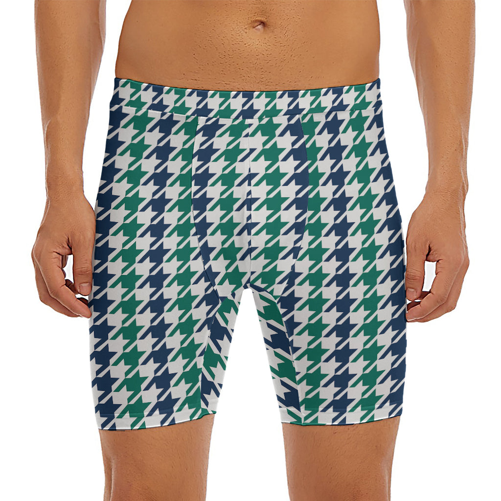 Blue Green And White Houndstooth Print Men's Long Boxer Briefs