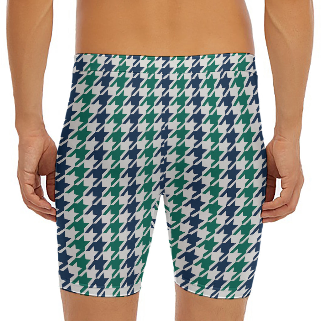 Blue Green And White Houndstooth Print Men's Long Boxer Briefs