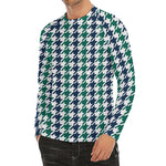 Blue Green And White Houndstooth Print Men's Long Sleeve Rash Guard