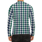 Blue Green And White Houndstooth Print Men's Long Sleeve Rash Guard