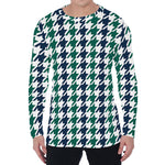 Blue Green And White Houndstooth Print Men's Long Sleeve T-Shirt