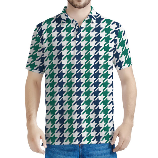 Blue Green And White Houndstooth Print Men's Polo Shirt
