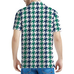 Blue Green And White Houndstooth Print Men's Polo Shirt