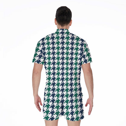 Blue Green And White Houndstooth Print Men's Rompers
