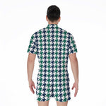 Blue Green And White Houndstooth Print Men's Rompers