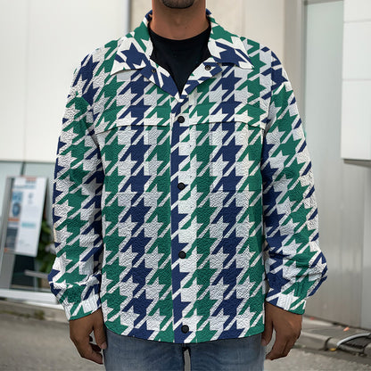Blue Green And White Houndstooth Print Men's Shirt Jacket