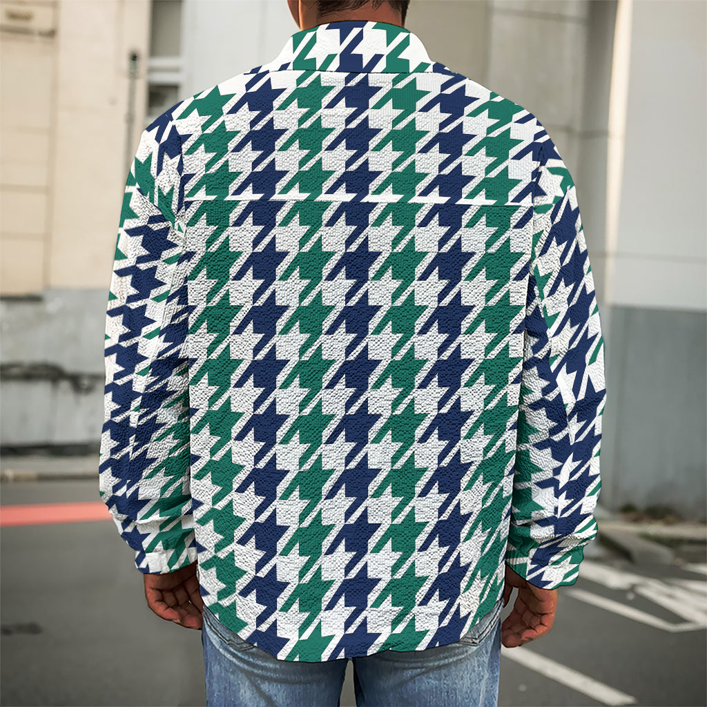 Blue Green And White Houndstooth Print Men's Shirt Jacket