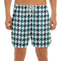 Blue Green And White Houndstooth Print Men's Split Running Shorts