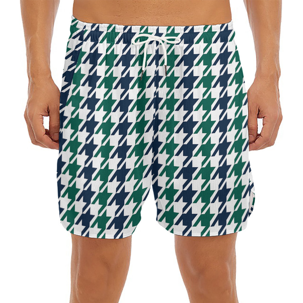 Blue Green And White Houndstooth Print Men's Split Running Shorts