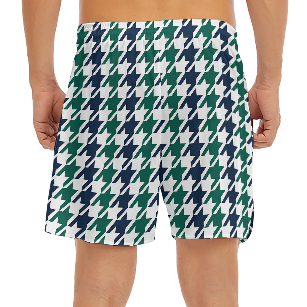 Blue Green And White Houndstooth Print Men's Split Running Shorts