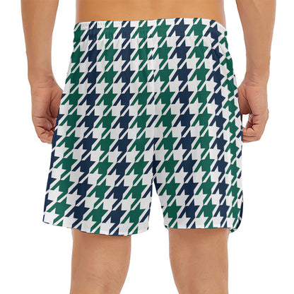 Blue Green And White Houndstooth Print Men's Split Running Shorts